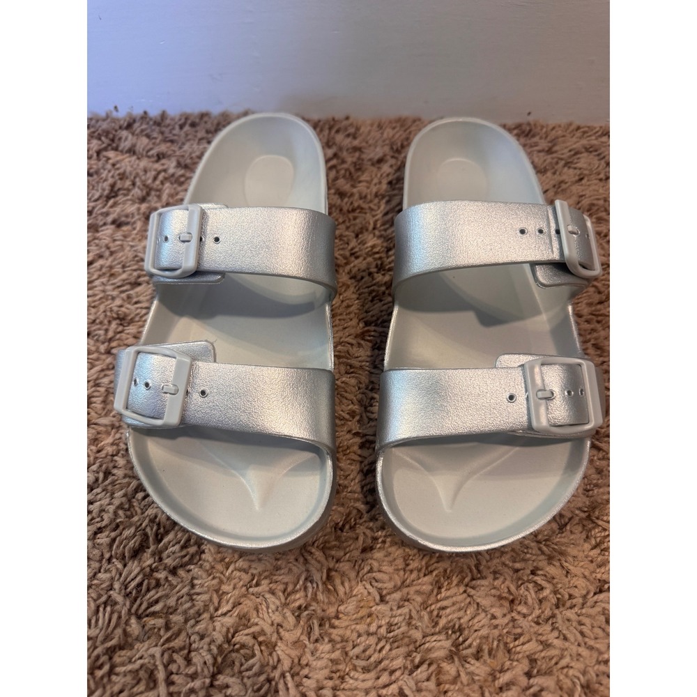 Shade & Shore Women's Size 7 Silver Metallic Double Buckle Slide Sandals